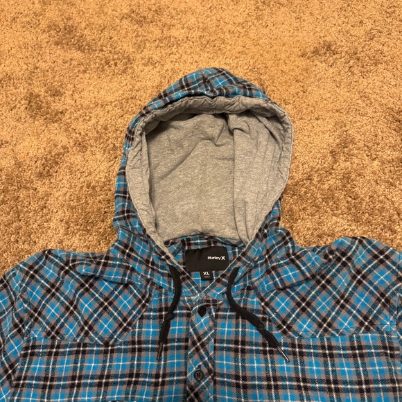 Hurley Hoodie Mens XL Blue Plaid Check Long Sleeve Button Up Casual - Picture 4 of 10